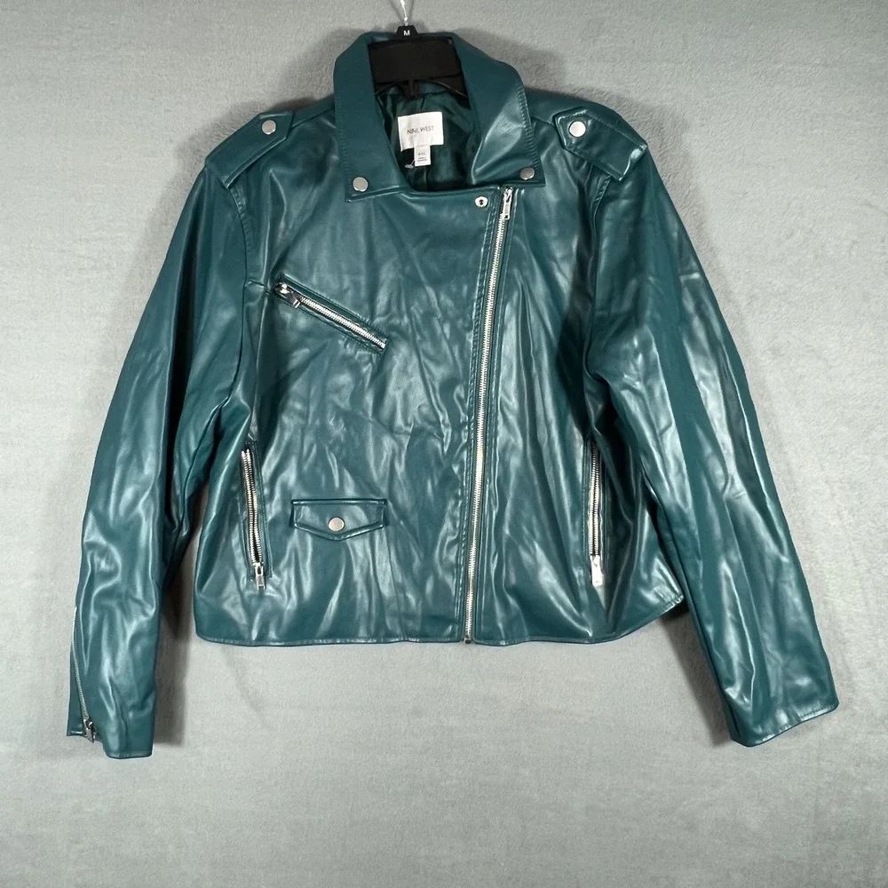 Nine West Women's Teal Faux Leather Moto Biker Jacket Full Zip XXL
